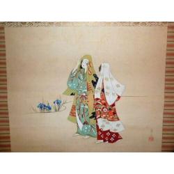 Japanse handgeschilderde scroll "2 Geisha's en Irissen".