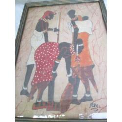 Afrikaanse Beschildering op Doek Gesigneerd Ken 40 x 29,5