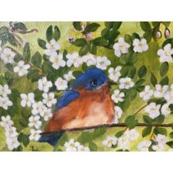 Vrolijk vogel schilderij Bleubird tussen bloesem 25/28 cm