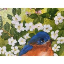 Vrolijk vogel schilderij Bleubird tussen bloesem 25/28 cm