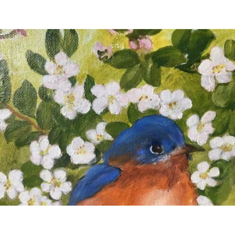 Vrolijk vogel schilderij Bleubird tussen bloesem 25/28 cm